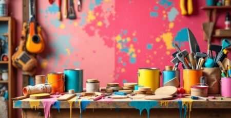 Outils colorés et matériaux DIY sur un plan de travail.