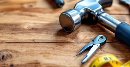 Outils de bricolage essentiels sur un établi en bois.