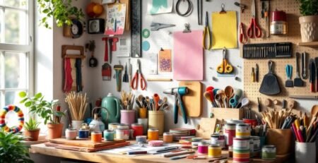 Espace de bricolage avec des outils et des matériaux colorés.